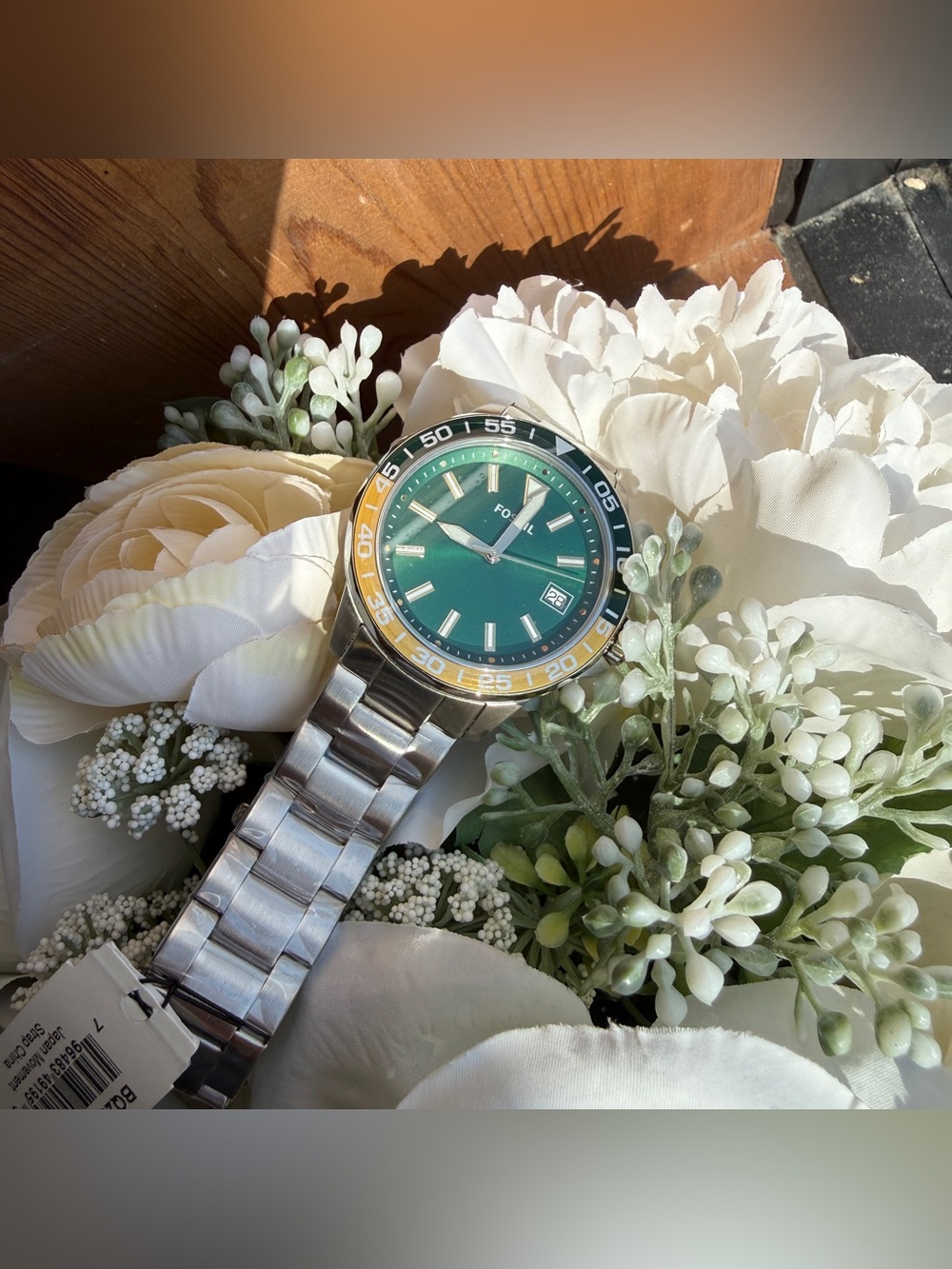 Fossil Men's Green Dial Stainless Steel Bracelet Watch with Yellow Accent BQ2506